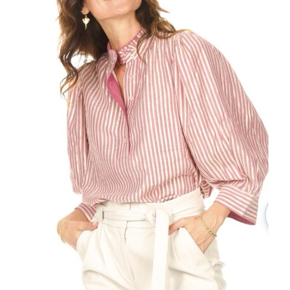 Antik Batik Puff Sleeve Poplin Blouse Bohemian Metallic Pink Stripe Ruffle Large